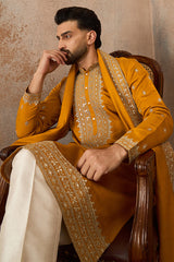 Mustard Silk Blend Solid Embroidered Kurta With Dupatta MKUD1029
