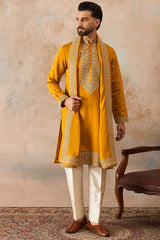 Mustard Silk Blend Solid Embroidered Kurta And Trouser With Dupatta MKPD1029