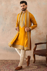 Mustard Silk Blend Solid Embroidered Kurta And Trouser With Dupatta MKPD1029