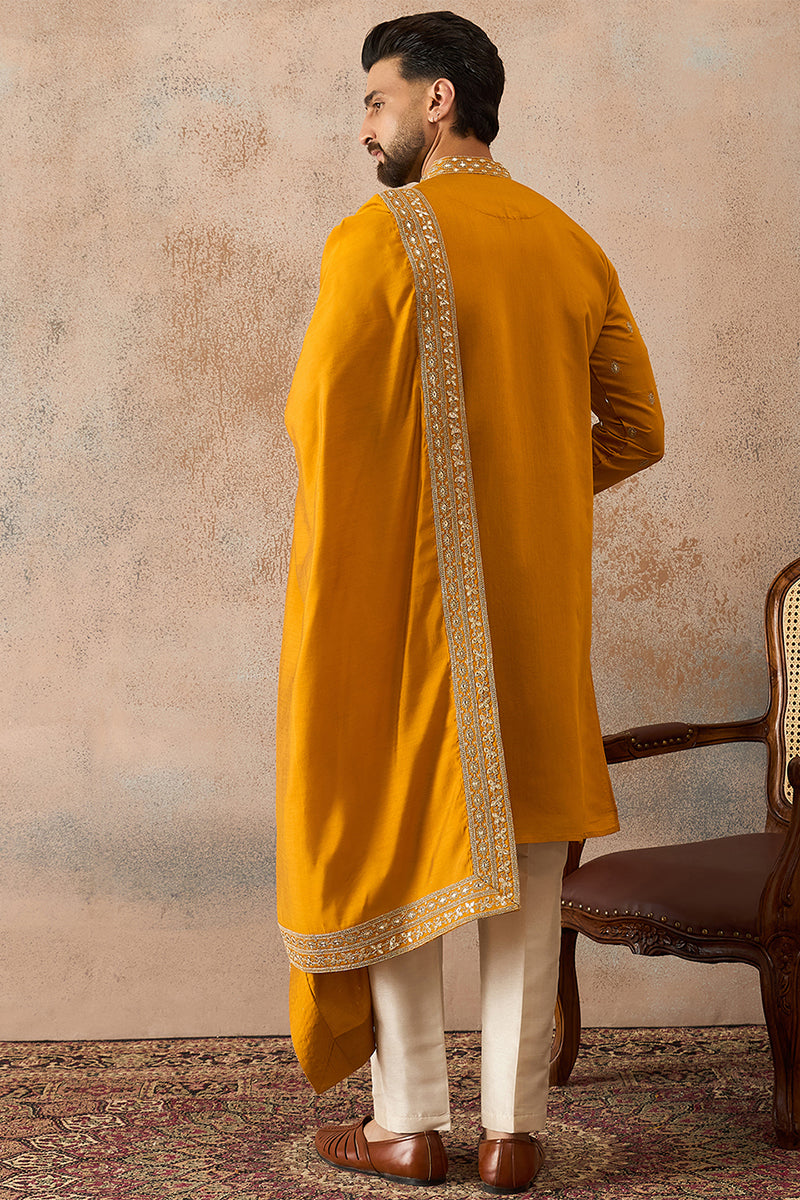 Mustard Silk Blend Solid Embroidered Kurta And Trouser With Dupatta MKPD1029