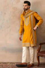 Mustard Silk Blend Solid Embroidered Kurta And Trouser With Dupatta MKPD1029