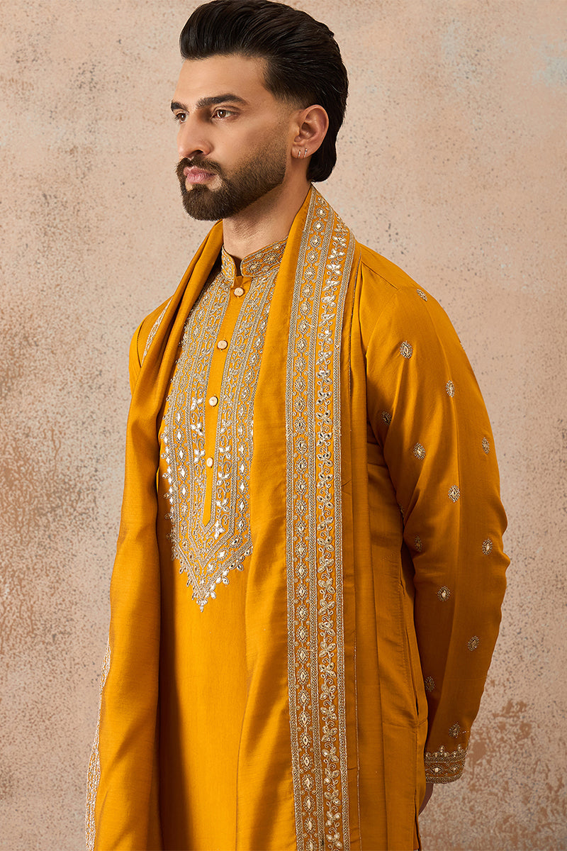Mustard Silk Blend Solid Embroidered Kurta And Trouser With Dupatta MKPD1029