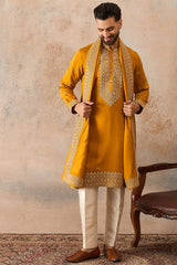 Mustard Silk Blend Solid Embroidered Kurta And Trouser With Dupatta MKPD1029