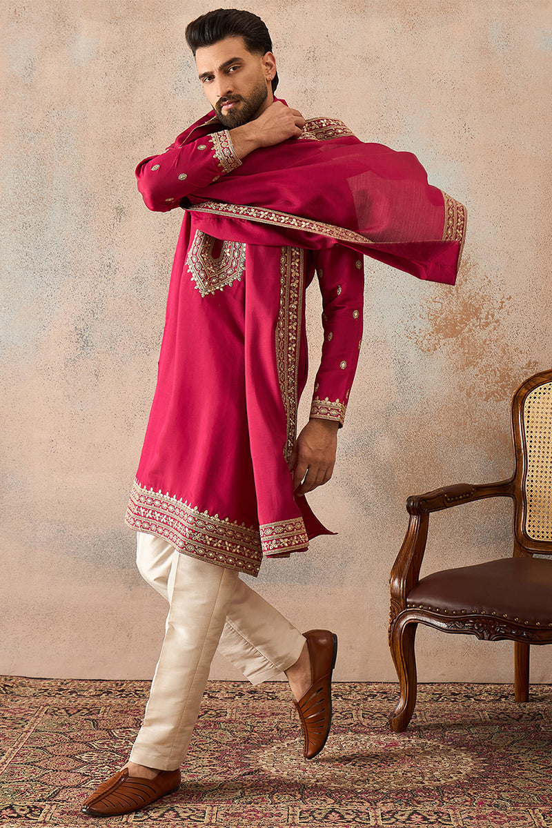 Pink Silk Blend Solid Embroidered Kurta And Trouser With Dupatta MKPD1030
