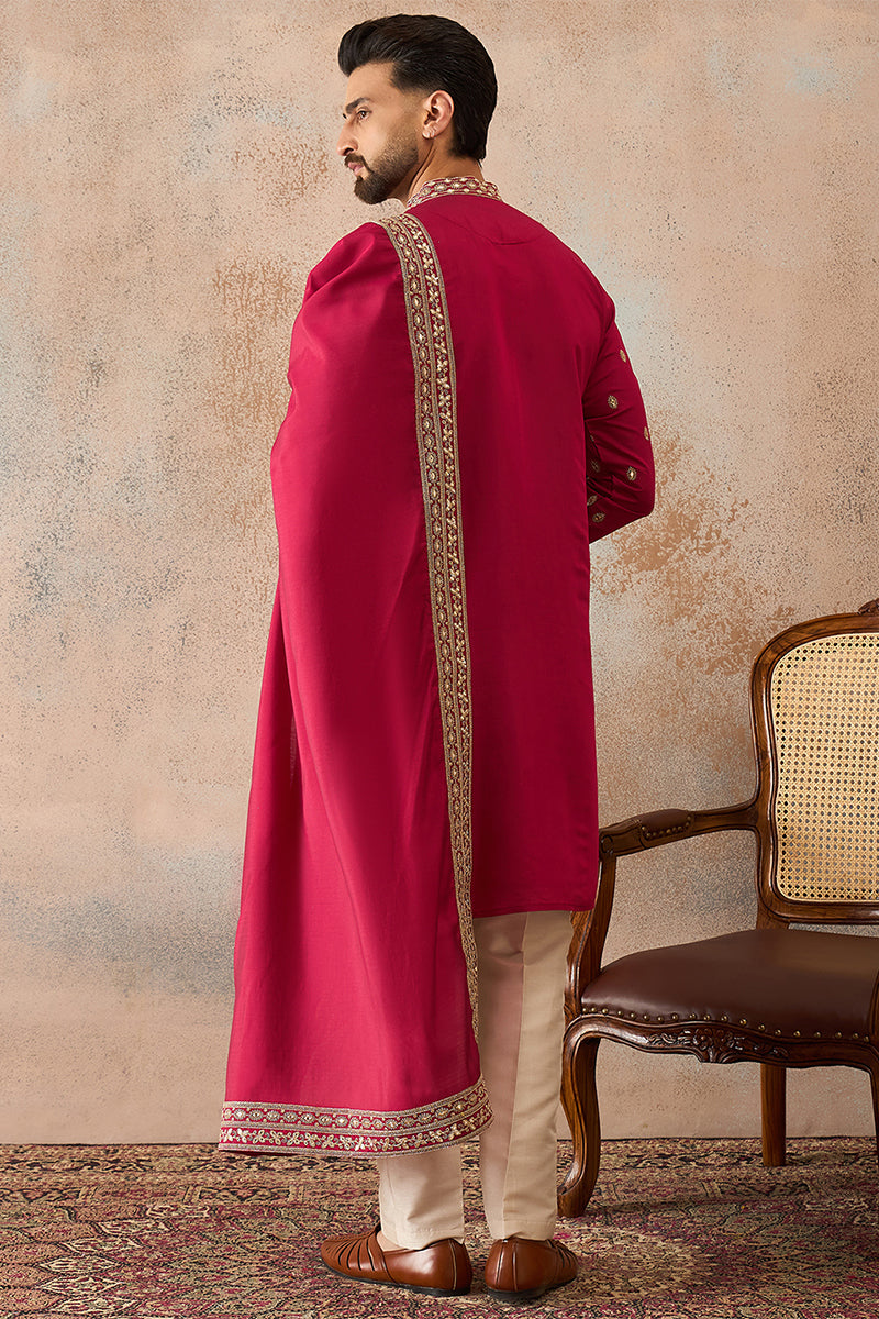 Pink Silk Blend Solid Embroidered Kurta And Trouser With Dupatta MKPD1030
