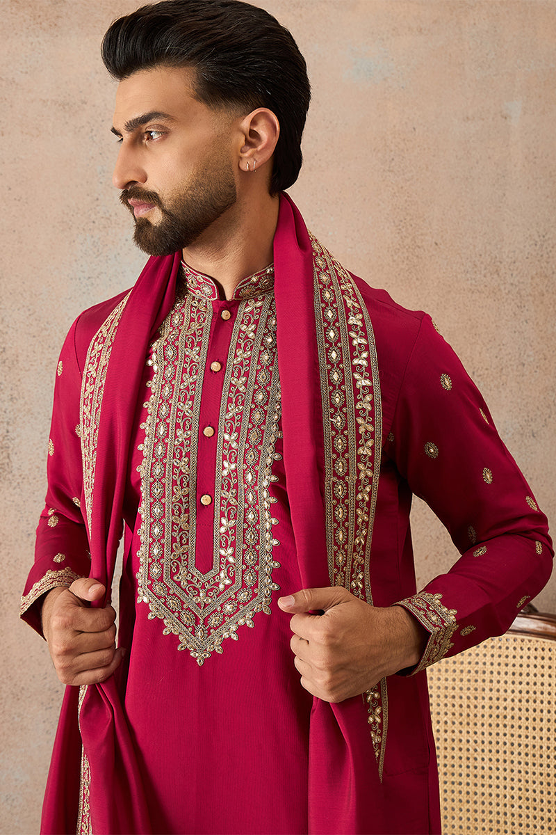 Pink Silk Blend Solid Embroidered Kurta And Trouser With Dupatta MKPD1030