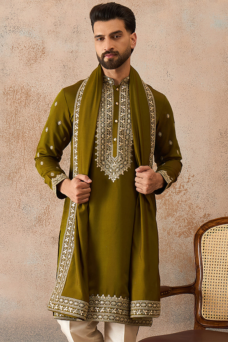 Green Silk Blend Solid Embroidered Kurta With Dupatta MKUD1031
