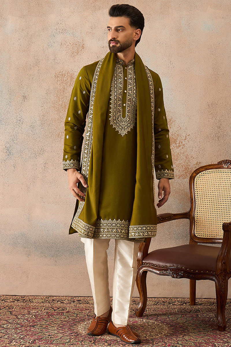 Green Silk Blend Solid Embroidered Kurta And Trouser With Dupatta MKPD1031