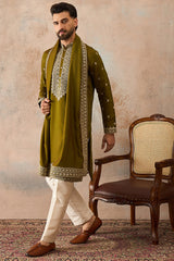 Green Silk Blend Solid Embroidered Kurta And Trouser With Dupatta MKPD1031