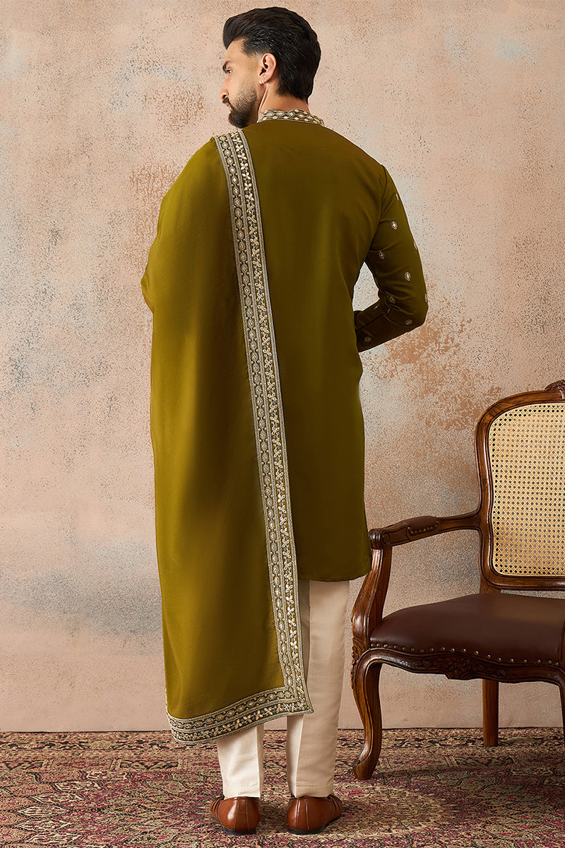Green Silk Blend Solid Embroidered Kurta And Trouser With Dupatta MKPD1031