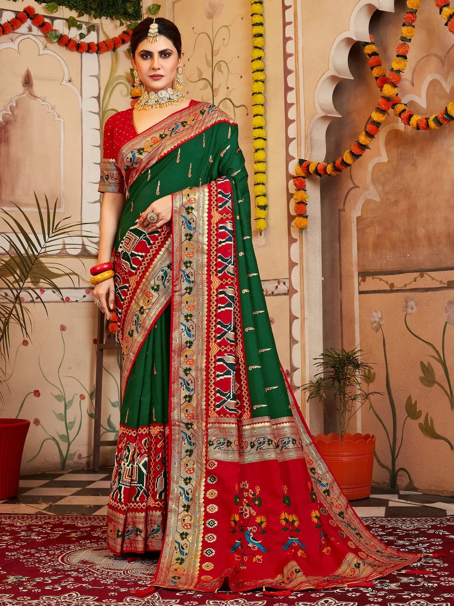 Festive Green Woven Polyester Saree with Blouse | Authentic Indian Collection