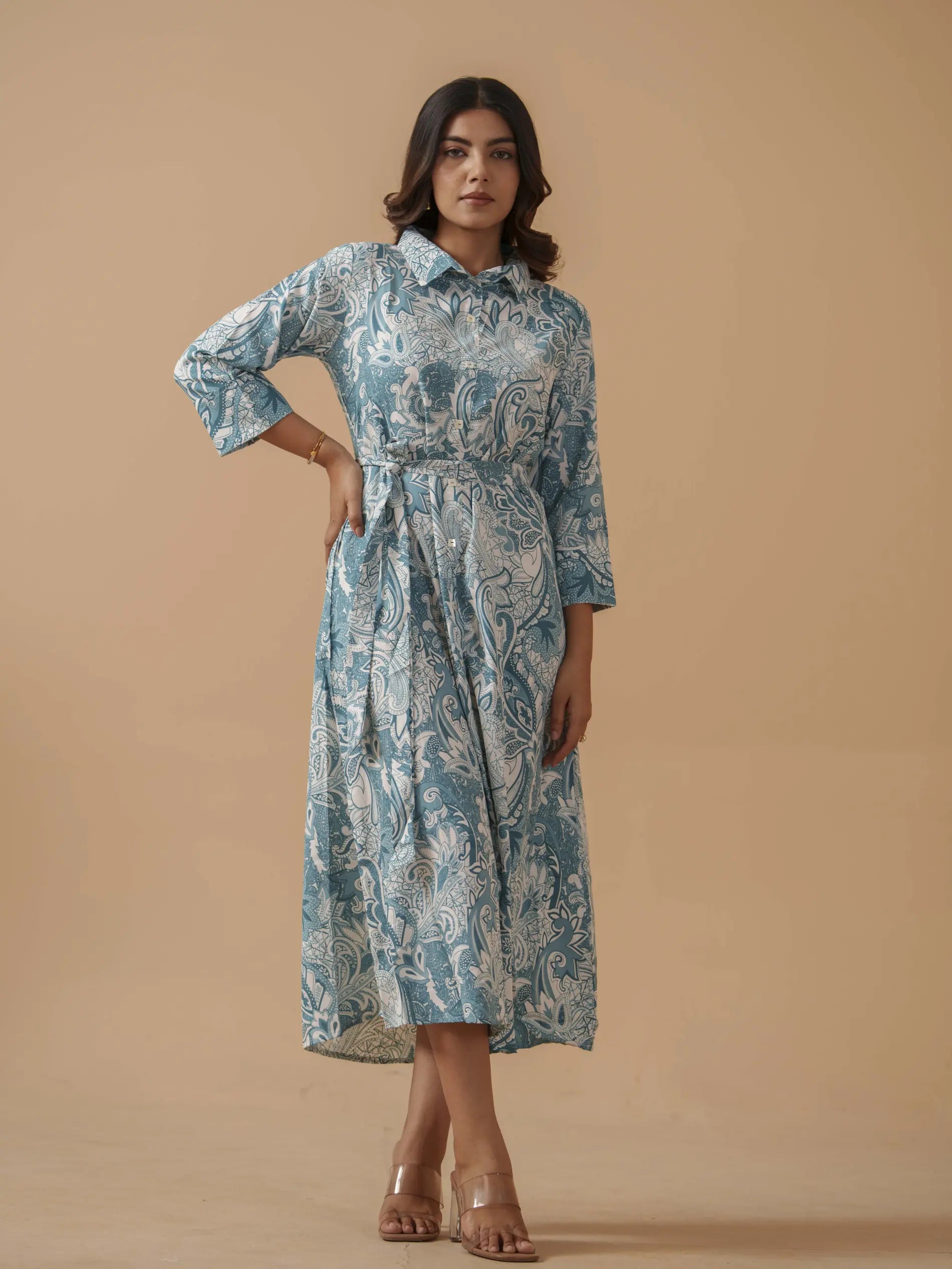  Sky Blue Colour Crepe Printed Ethnic Dress For Women
