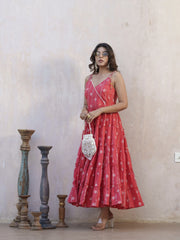 Floral Printed Shoulder Straps Pure Cotton A-Line Ethnic Dress-MLWSHDR4333RED
