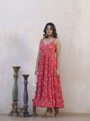 Floral Printed Shoulder Straps Pure Cotton A-Line Ethnic Dress-MLWSHDR4333RED