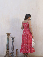 Floral Printed Shoulder Straps Pure Cotton A-Line Ethnic Dress-MLWSHDR4333RED