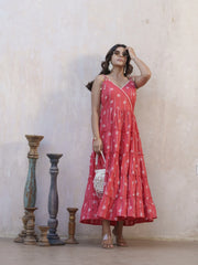 Floral Printed Shoulder Straps Pure Cotton A-Line Ethnic Dress-MLWSHDR4333RED