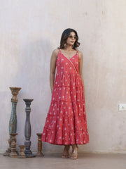 Floral Printed Shoulder Straps Pure Cotton A-Line Ethnic Dress-MLWSHDR4333RED