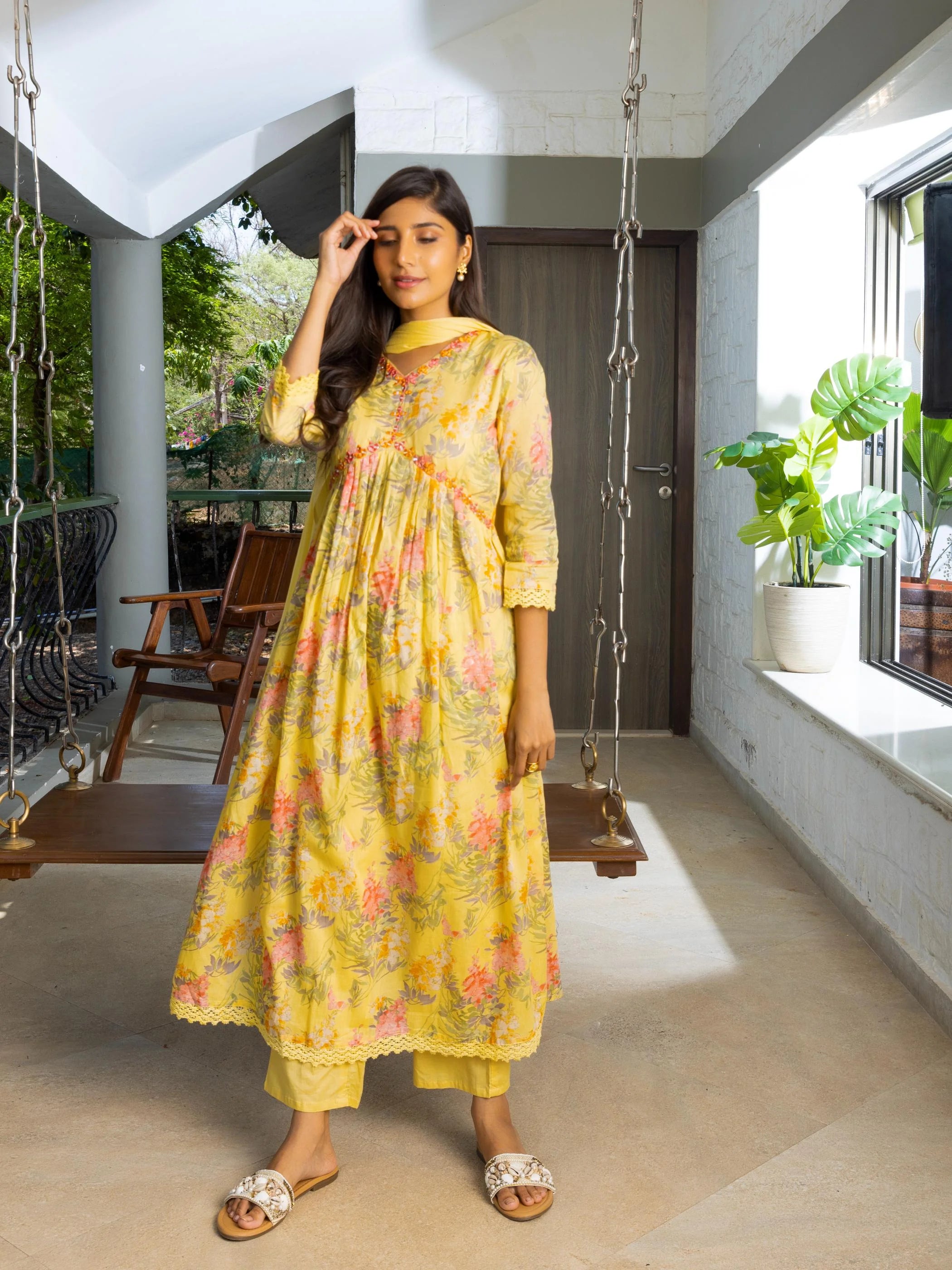Yellow & Pink Ethnic Printed Kurta Trousers With Dupatta