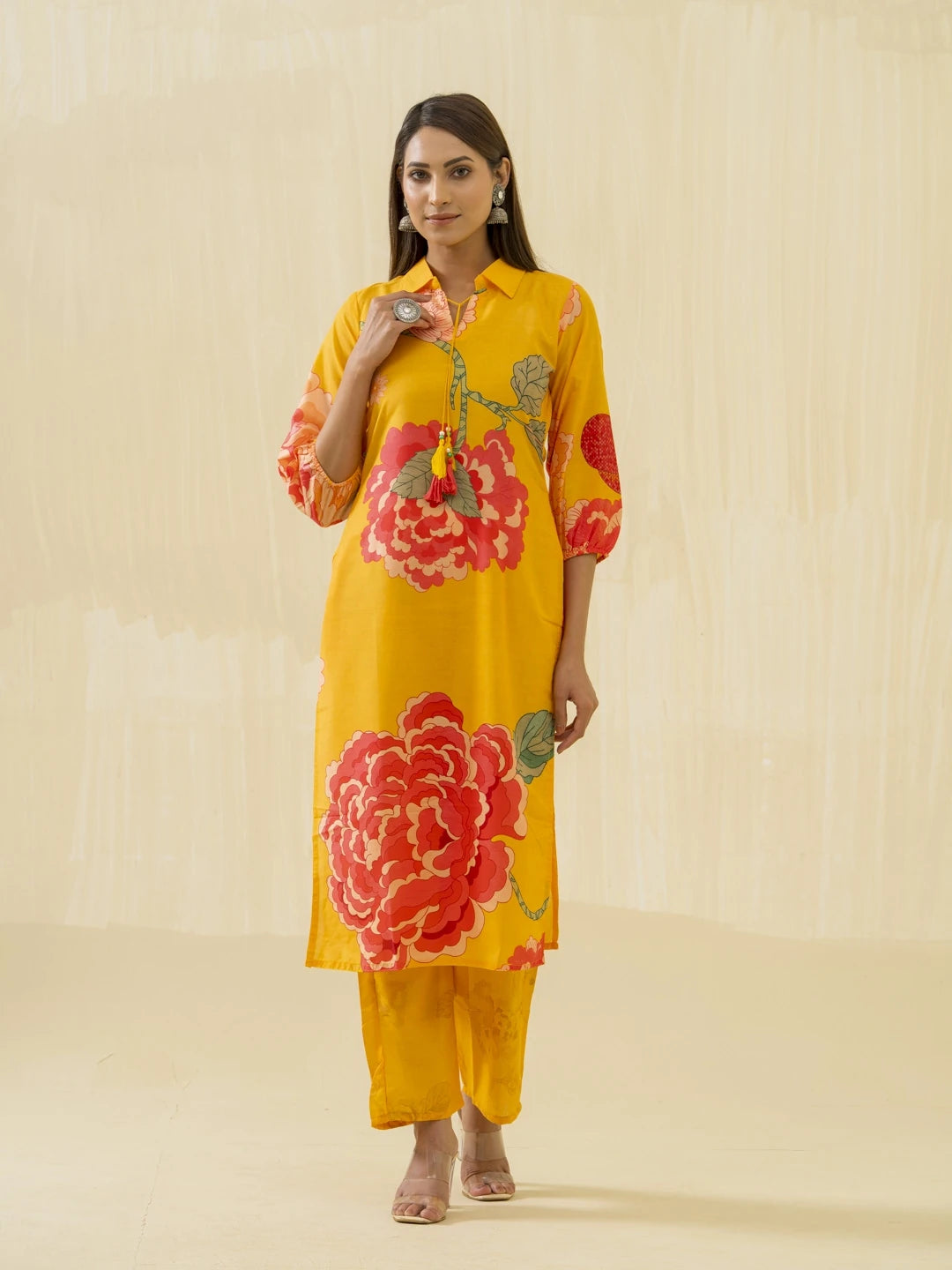 Yellow Floral Printed Straight Kurta and Trousers