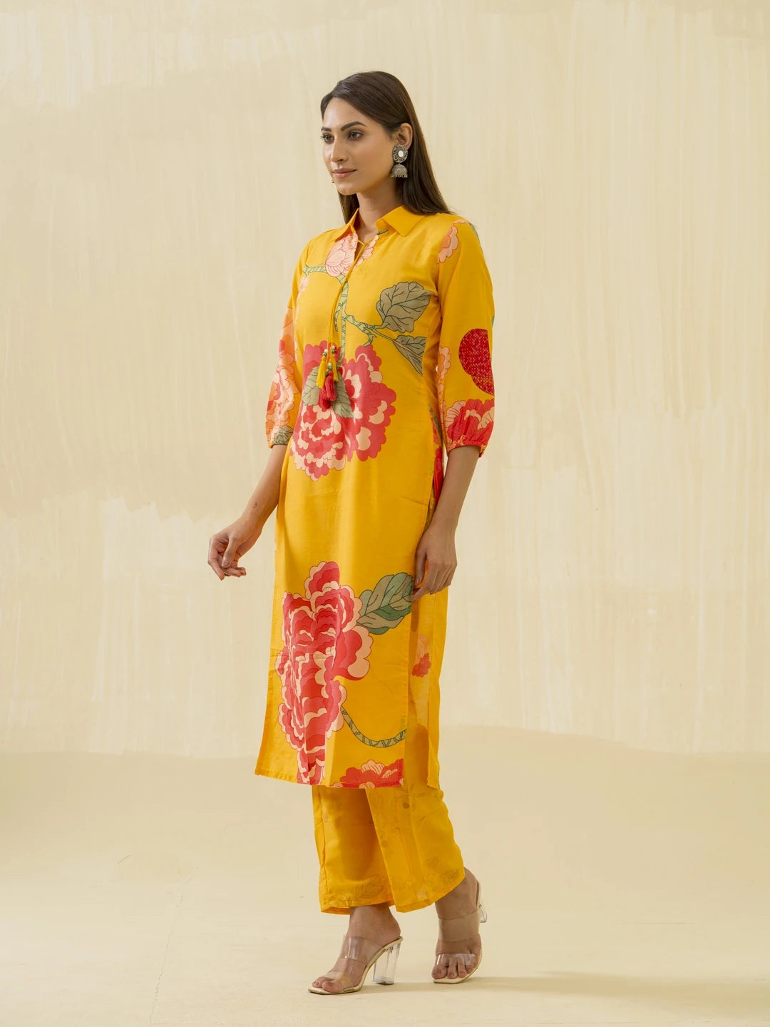 Yellow Floral Printed Straight Kurta and Trousers