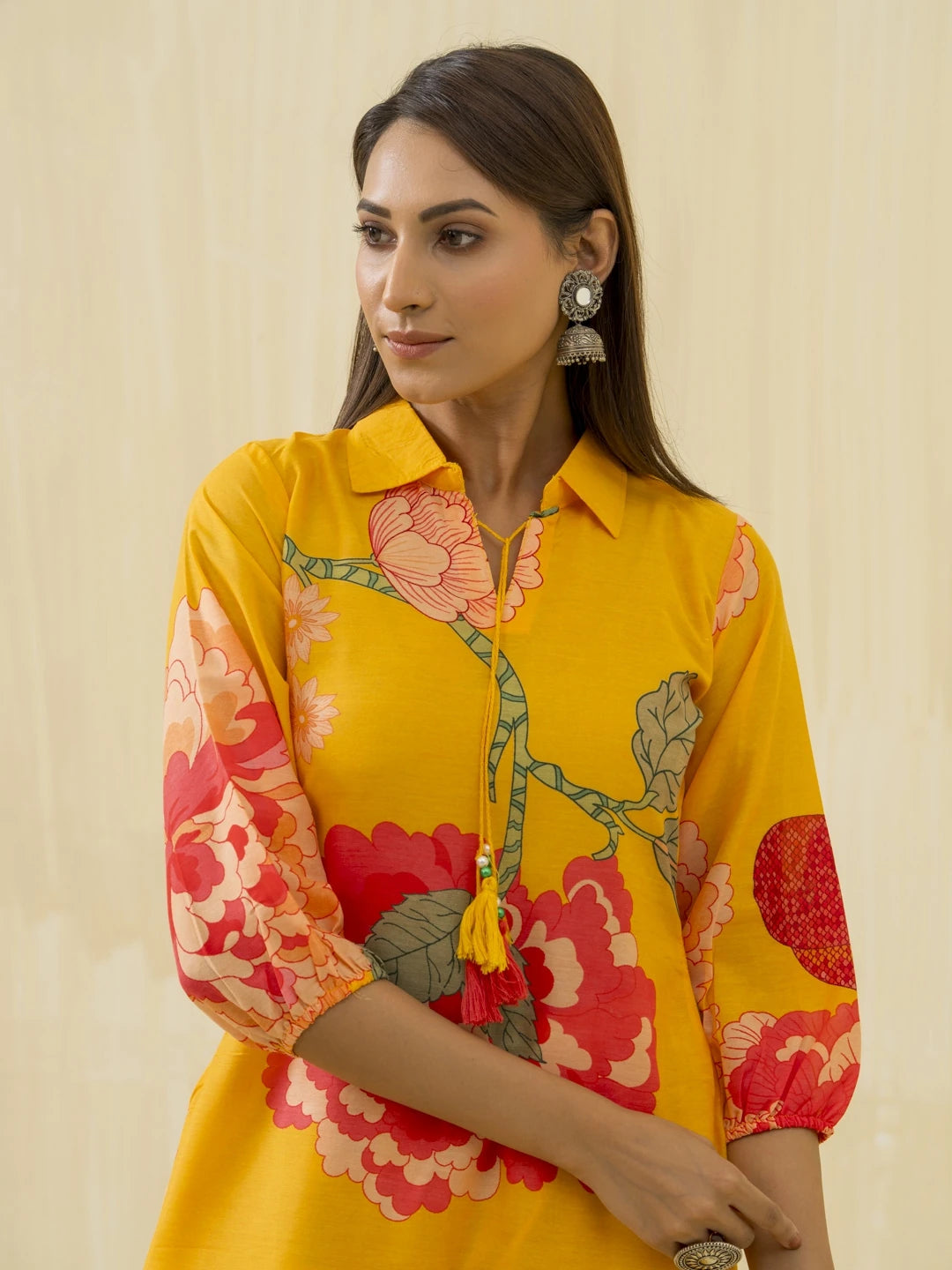 Yellow Floral Printed Straight Kurta and Trousers