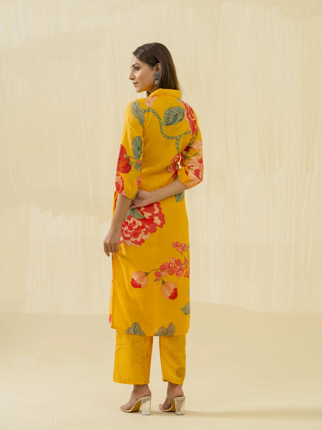 Yellow Floral Printed Straight Kurta and Trousers