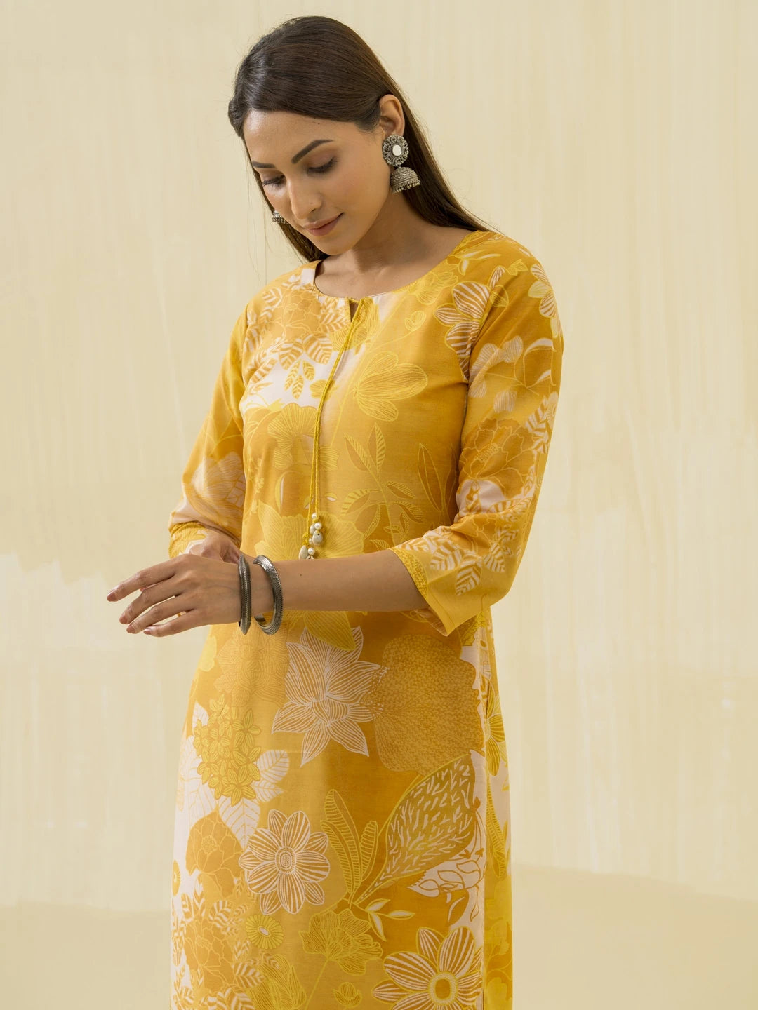 Yellow Floral Printed Straight Kurta and Trousers