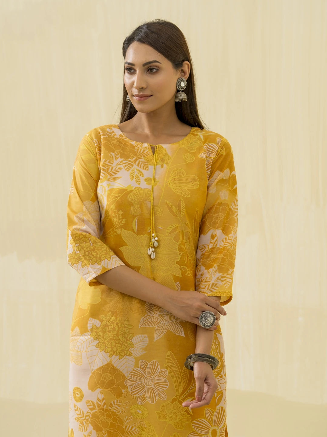 Yellow Floral Printed Straight Kurta and Trousers