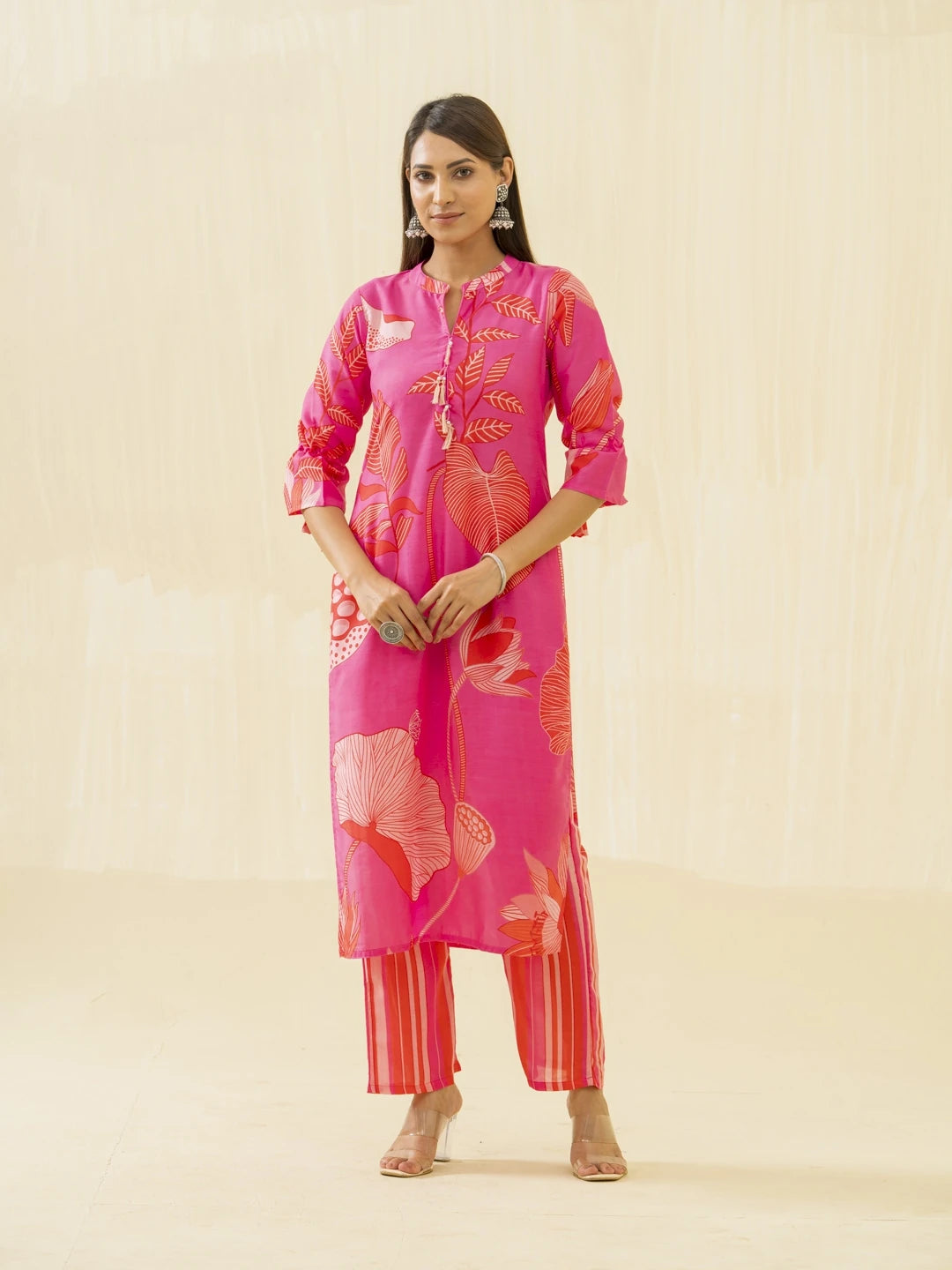 Pink Floral Printed Straight Kurta and Trousers