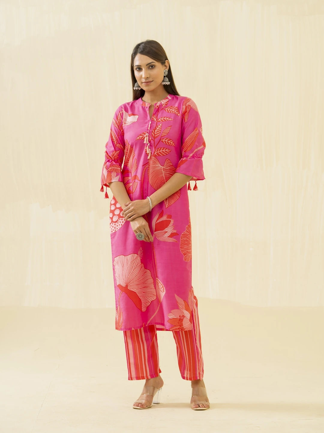 Pink Floral Printed Straight Kurta and Trousers