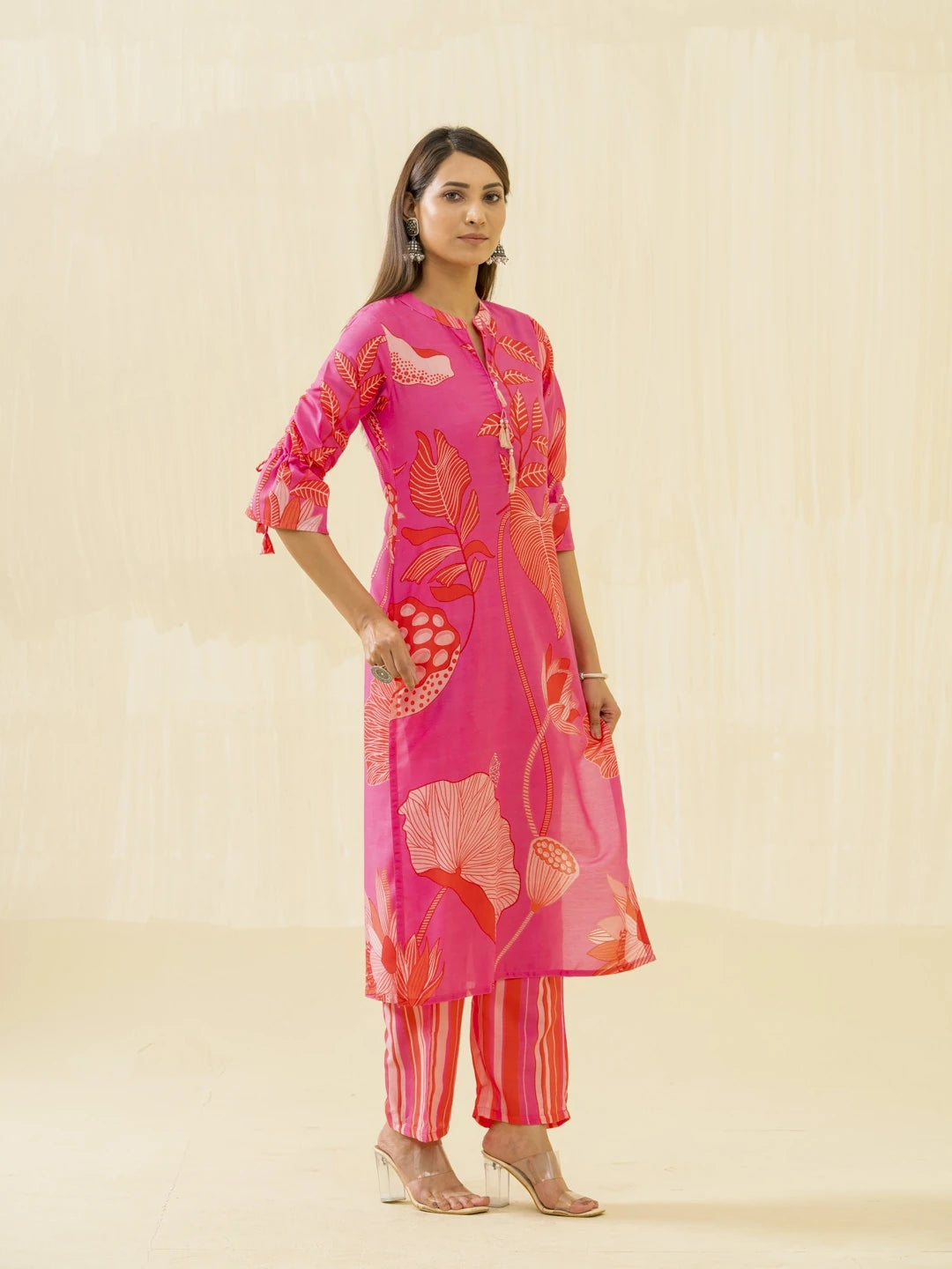 Pink Floral Printed Straight Kurta and Trousers