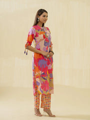 Violet Floral Printed Straight Kurta and Trousers-MLWSHKS4282VLT