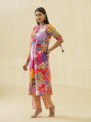 Violet Floral Printed Straight Kurta and Trousers-MLWSHKS4282VLT