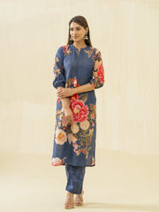Navy Blue Floral Printed Straight Kurta and Trousers-MLWSHKS4284MBL
