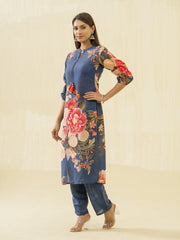 Navy Blue Floral Printed Straight Kurta and Trousers-MLWSHKS4284MBL