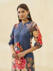 Navy Blue Floral Printed Straight Kurta and Trousers-MLWSHKS4284MBL