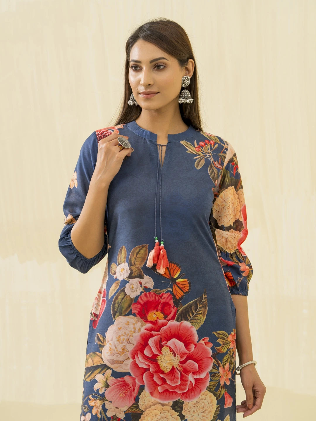 Navy Blue Floral Printed Straight Kurta and Trousers
