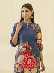 Navy Blue Floral Printed Straight Kurta and Trousers-MLWSHKS4284MBL