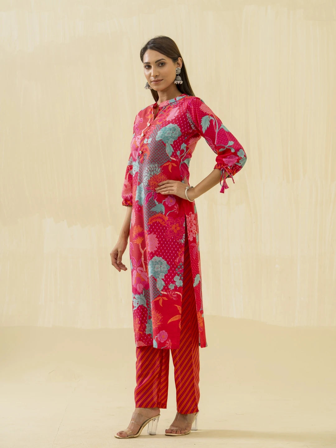 Red Floral Printed Straight Kurta and Palazzos