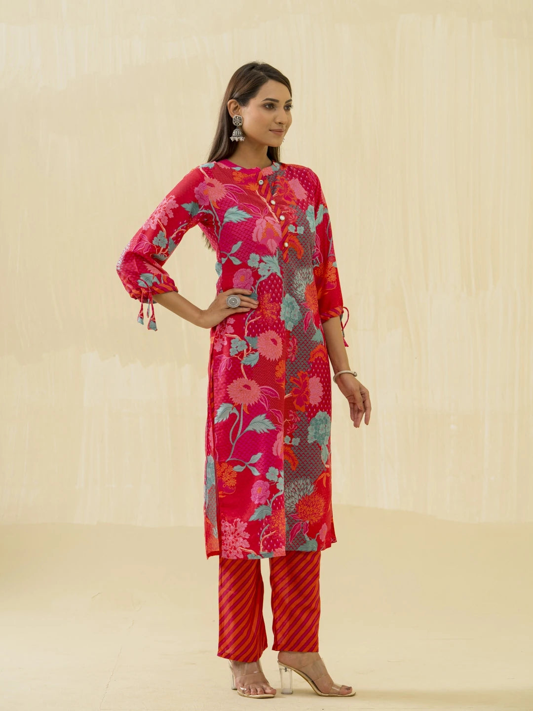 Red Floral Printed Straight Kurta and Palazzos