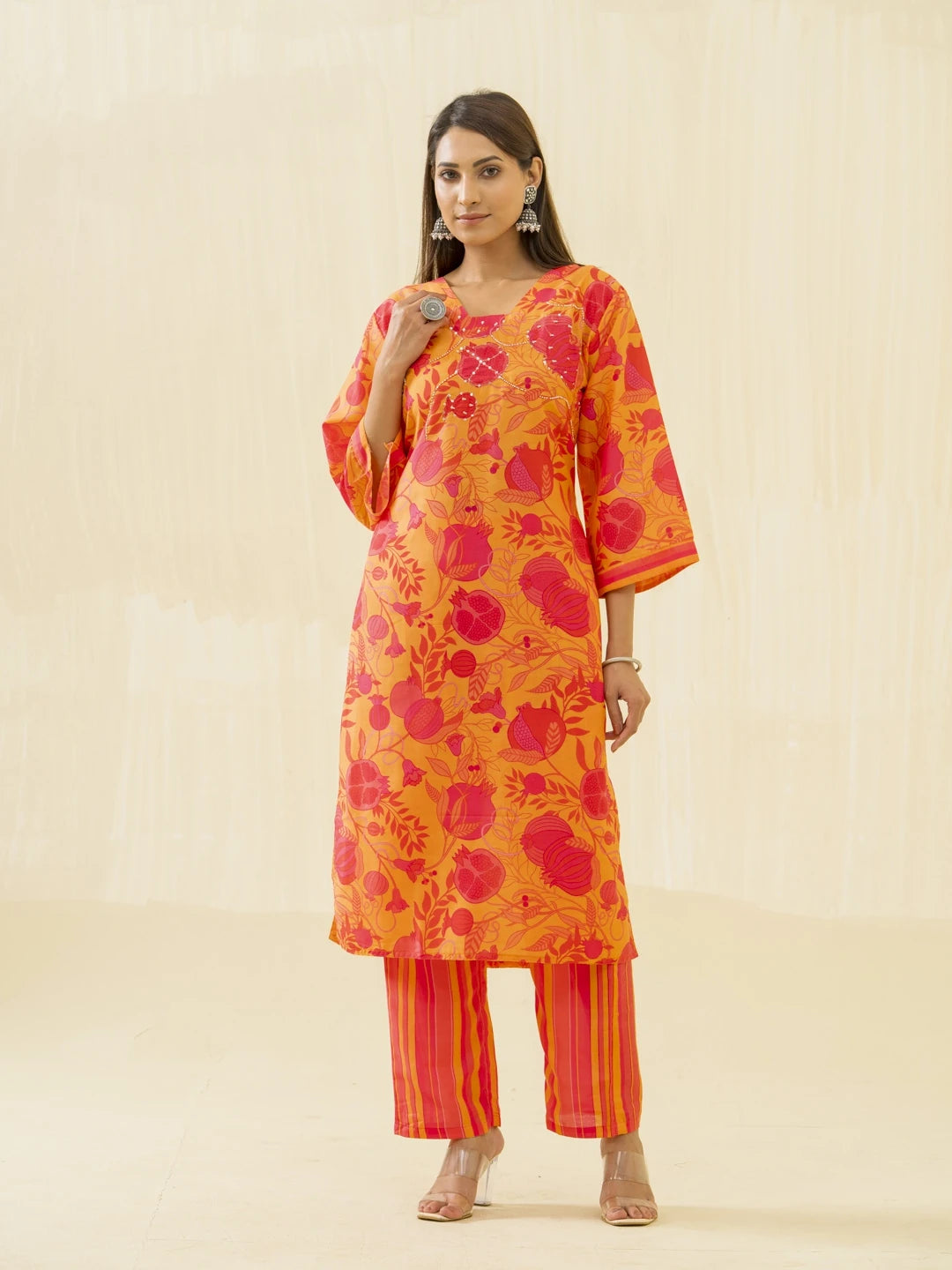 Yellow Floral Printed Straight Kurta and Trousers