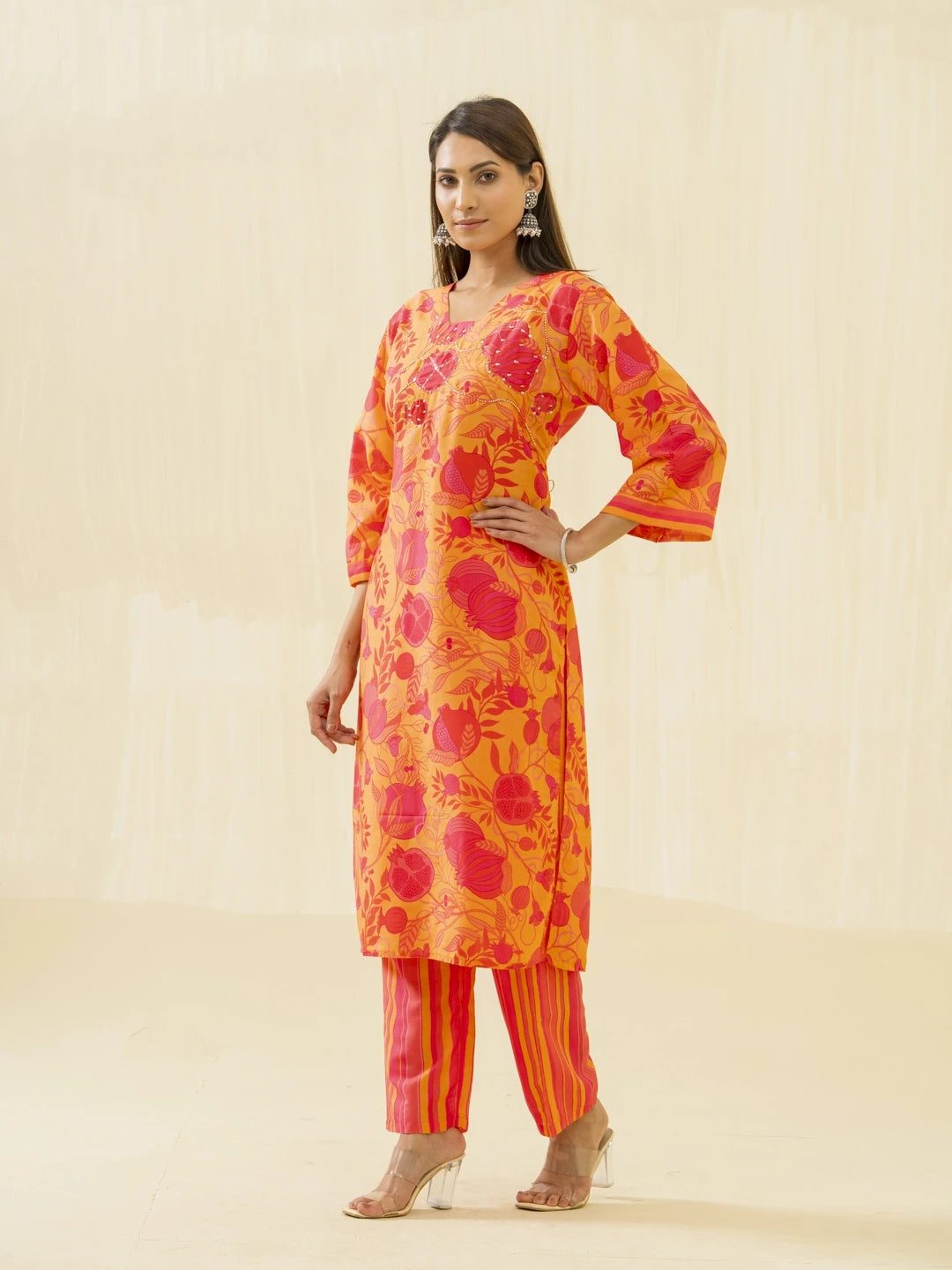Yellow Floral Printed Straight Kurta and Trousers