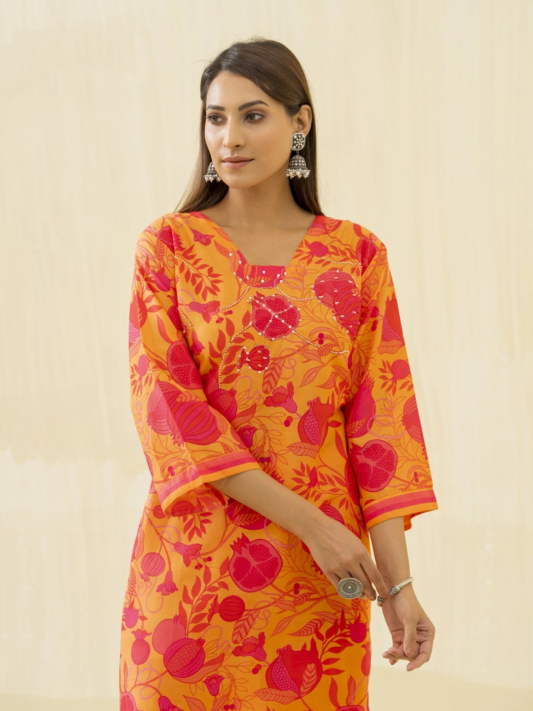 Yellow Floral Printed Straight Kurta and Trousers