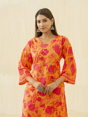 Yellow Floral Printed Straight Kurta and Trousers-MLWSHKS4286YLW