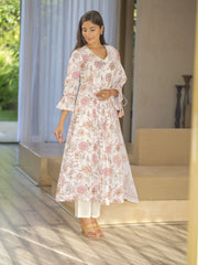 Off White Floral Printed A-Line Kurta and Trousers With Dupatta-MLWSHKS4287OFW