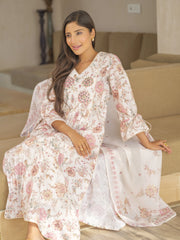 Off White Floral Printed A-Line Kurta and Trousers With Dupatta-MLWSHKS4287OFW