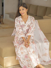 Off White Floral Printed A-Line Kurta and Trousers With Dupatta-MLWSHKS4287OFW