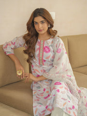 Off White Floral Printed Straight Kurta and Trousers With Dupatta-MLWSHKS4288OFW