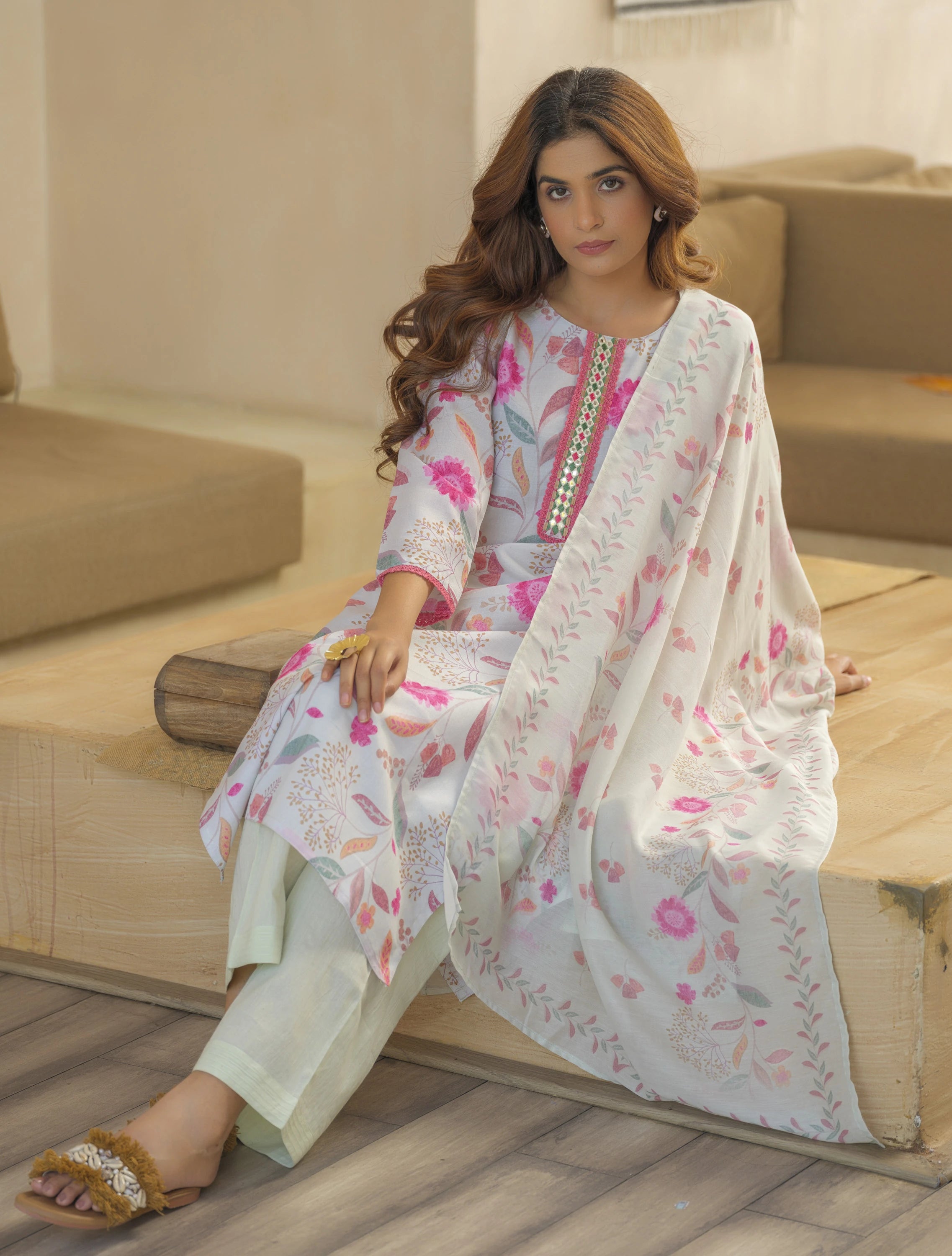 Off White Floral Printed Straight Kurta and Trousers With Dupatta