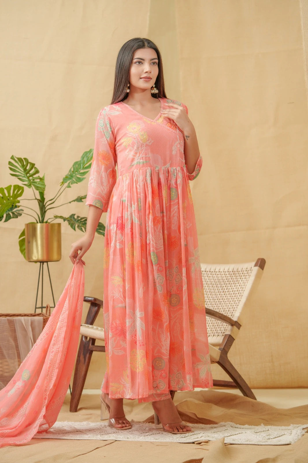 Orange Angrakha A-Line Kurta and Palazzos With Dupatta